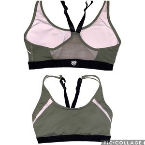 Sage green and pink sports bra with mesh detailing. Padded adjustable straps